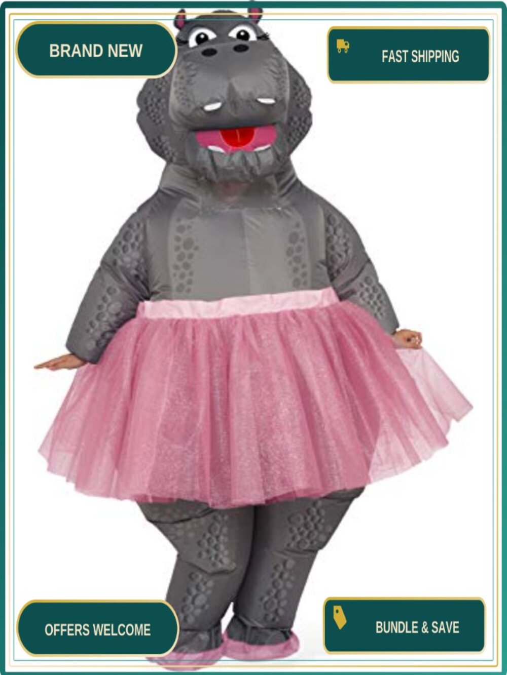 Hippo Inflatable Adult Costume Unisex One Size with Tutu Fan